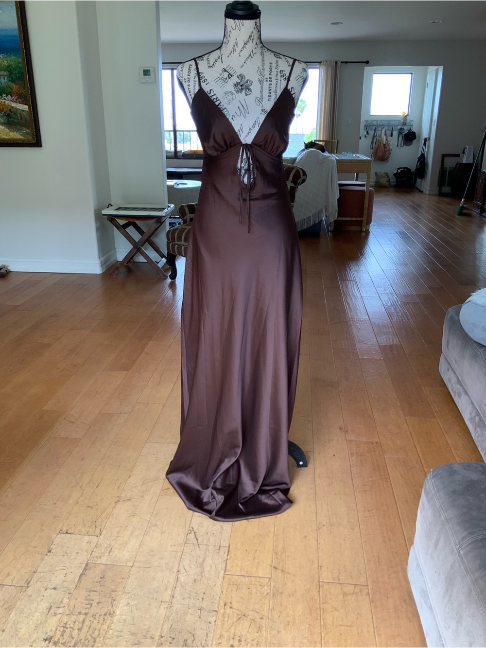 Peppermayo Brown Chocolate Flora Satin Slip Dress with Front Tie